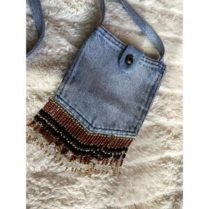 Handmade Denim Purse w/bead fringe + silky liner
